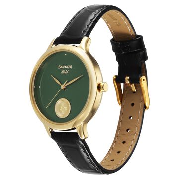 Sonata Gold Quartz Analog Sacred Forest Green With Gold Coin Dial Black Leather Strap Watch For Women