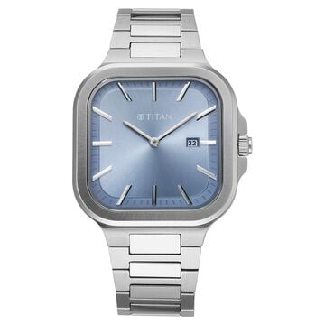 Titan Classique Slim Square Quartz Analog with Date Blue Dial Stainless Steel Strap Watch for Men