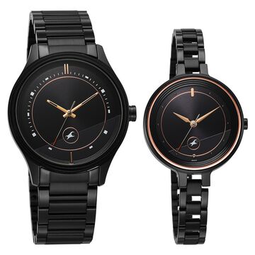 Fastrack Mixmatched Quartz Analog Black Dial Black Stainless Steel Strap Watch For Couple