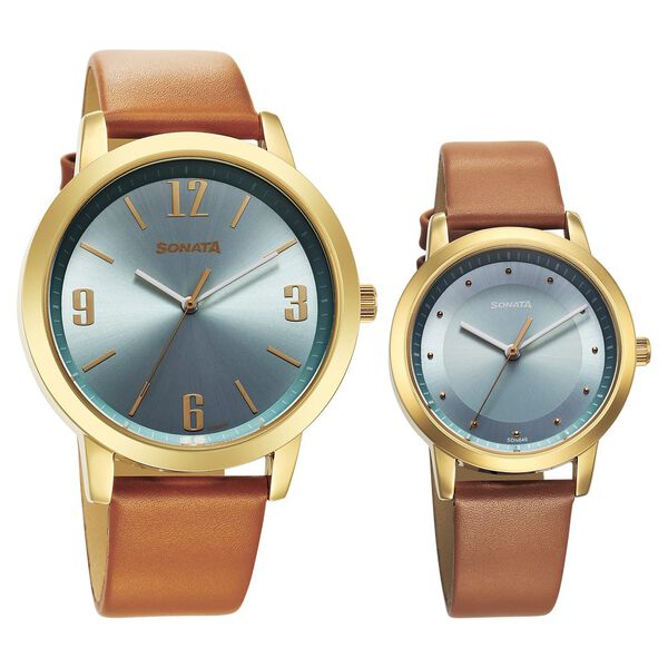 Sonata Pairs Quartz Analog Blue Dial Leather Strap Watch for Couple - image number 0