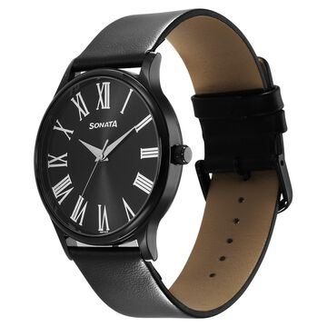 Sonata Aspire Quartz Analog Black Dial Leather Strap Watch for Men