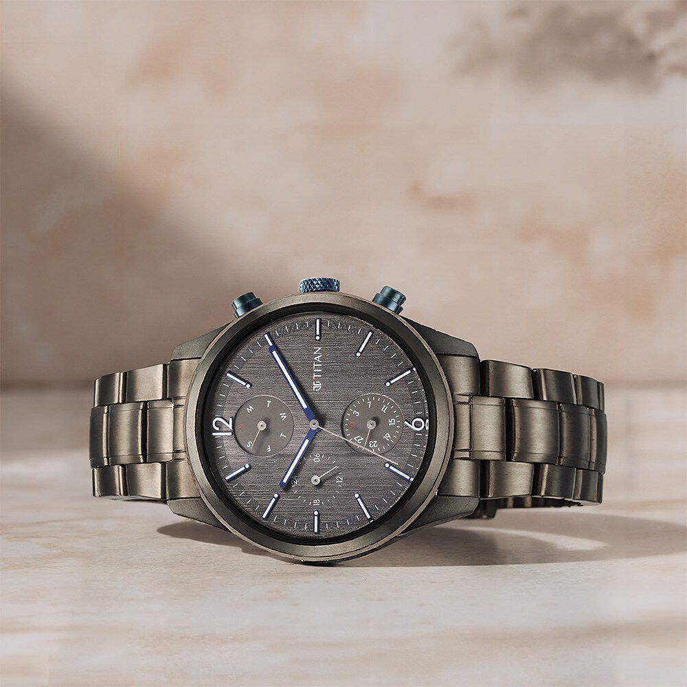 Titan Neo Splash Quartz Multifunction Anthracite Dial Stainless Steel Strap Watch for Men