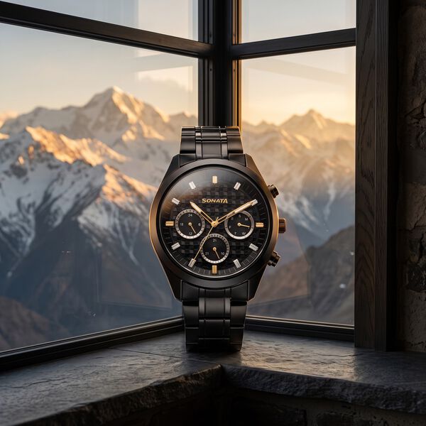 Sonata Multifunction Black Dial Black Metal Strap Watch For Men - image number 0