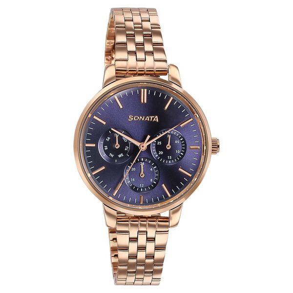 Sonata Verve Quartz Multifunction Blue Dial Rose Gold Metal Strap Watch For Women - image number 1