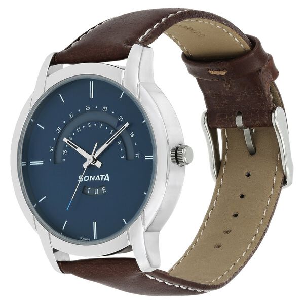Sonata Quartz Analog with Day and Date Blue Dial Leather Strap Watch for Men - image number 2
