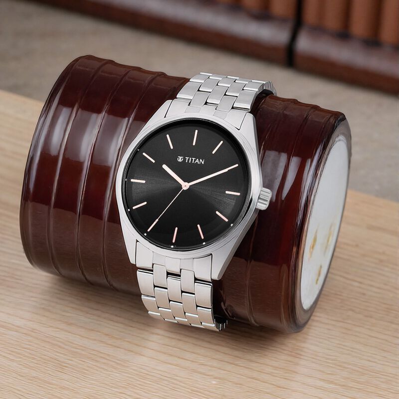 Titan Workwear Quartz Analog Black Dial Silver Stainless Steel Strap Watch For Men