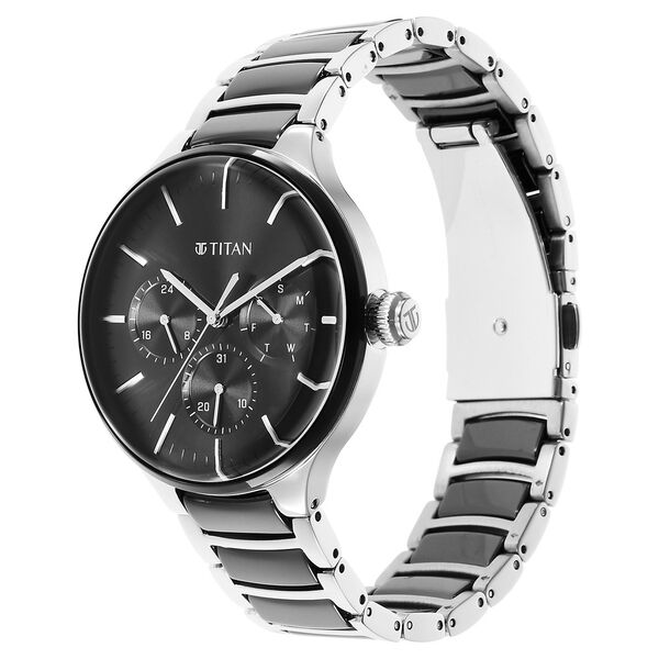 Titan Ceramic Fusion Quartz Multifunction Black Dial Silver Dual-Toned Stainless Steel Bracelet Watch for Men - image number 2