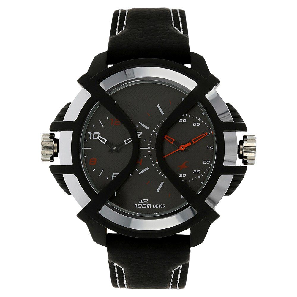 Buy Online Fastrack Quartz Chronograph Black Dial Leather Strap Watch for Guys nk38016pl01 Titan
