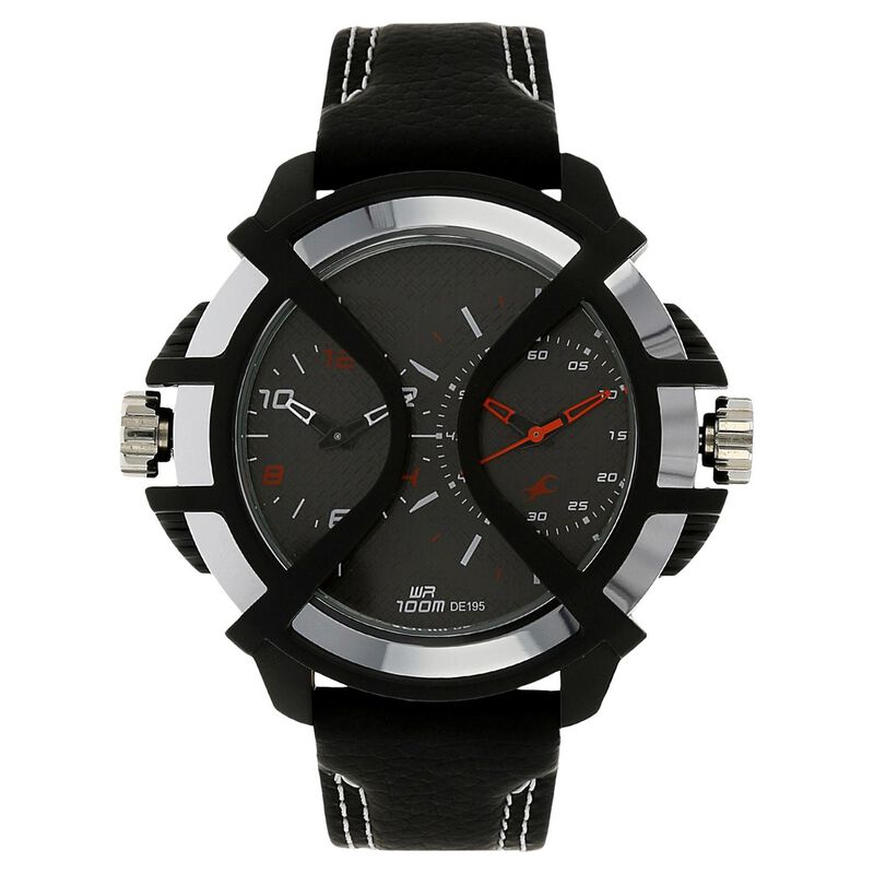 Fastrack Quartz Chronograph Black Dial Leather Strap Watch for Guys