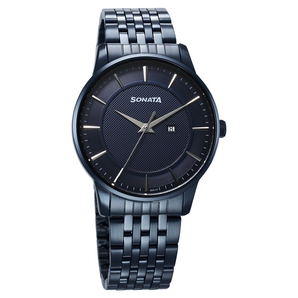 Buy Online Sonata Wedding Quartz Analog Blue Dial Stainless Steel Strap Watch For Men 77153qm01 Titan