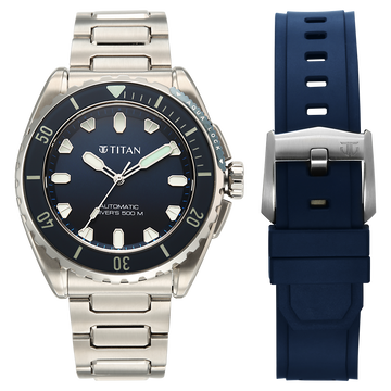 Titan Zero Hour Professional Diver's 500m Limited Edition Automatic Analog with Blue Dial Silver Titanium & Blue FKM Strap Watch for Men