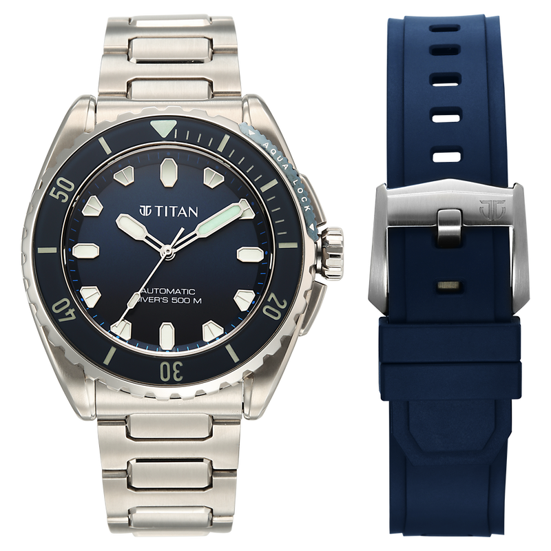 Titan Zero Hour Professional Diver's 500m Limited Edition Automatic Analog with Blue Dial Silver Titanium & Blue FKM Strap Watch for Men