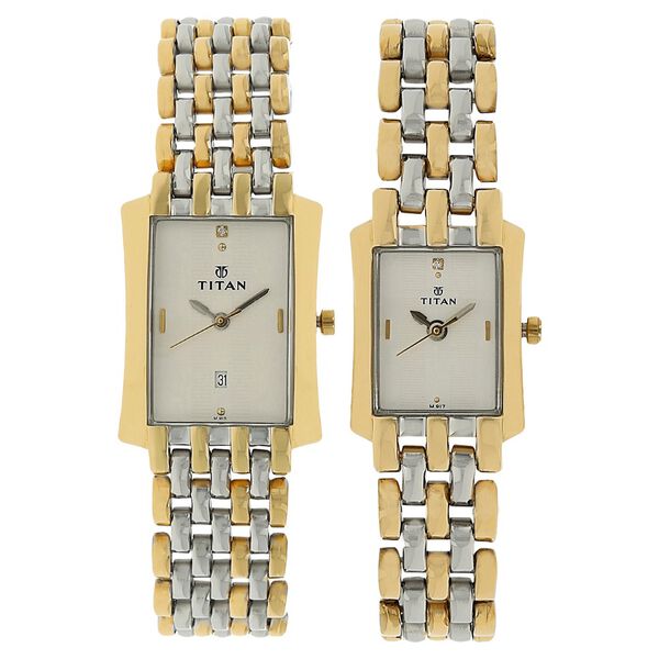 Titan Quartz Analog with Date White Dial Stainless Steel Strap Watch for Couple - image number 0