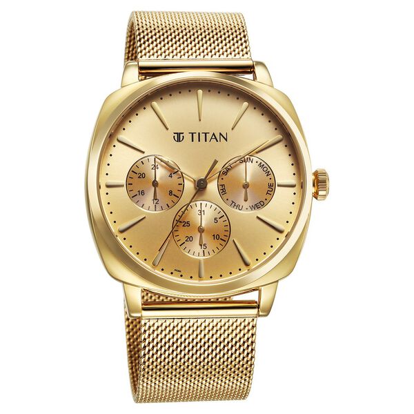 Titan Classique Suave Quartz Yellow Dial Golden Stainless Steel Mesh Strap Watch for Men - image number 1