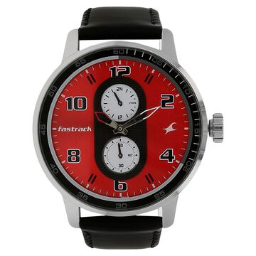 Fastrack Quartz Analog Red Dial Leather Strap Watch for Guys