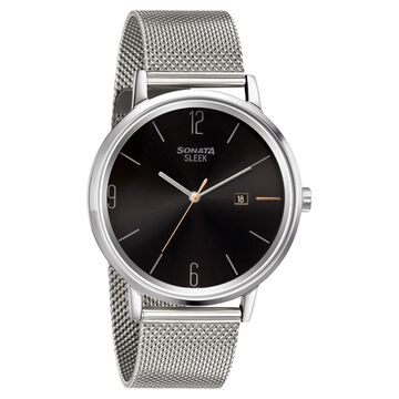 Sonata Quartz Analog with Date Black Dial Stainless Steel Strap Watch for Men