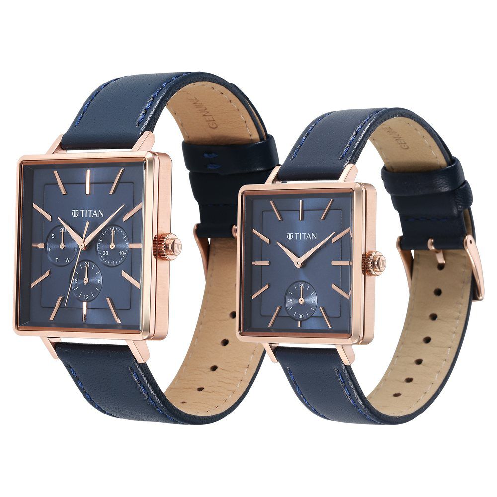 Buy Online Titan Bandhan Black Dial Quartz Multifunction Leather Strap Watch for Couple ns9400594205wl01p Titan