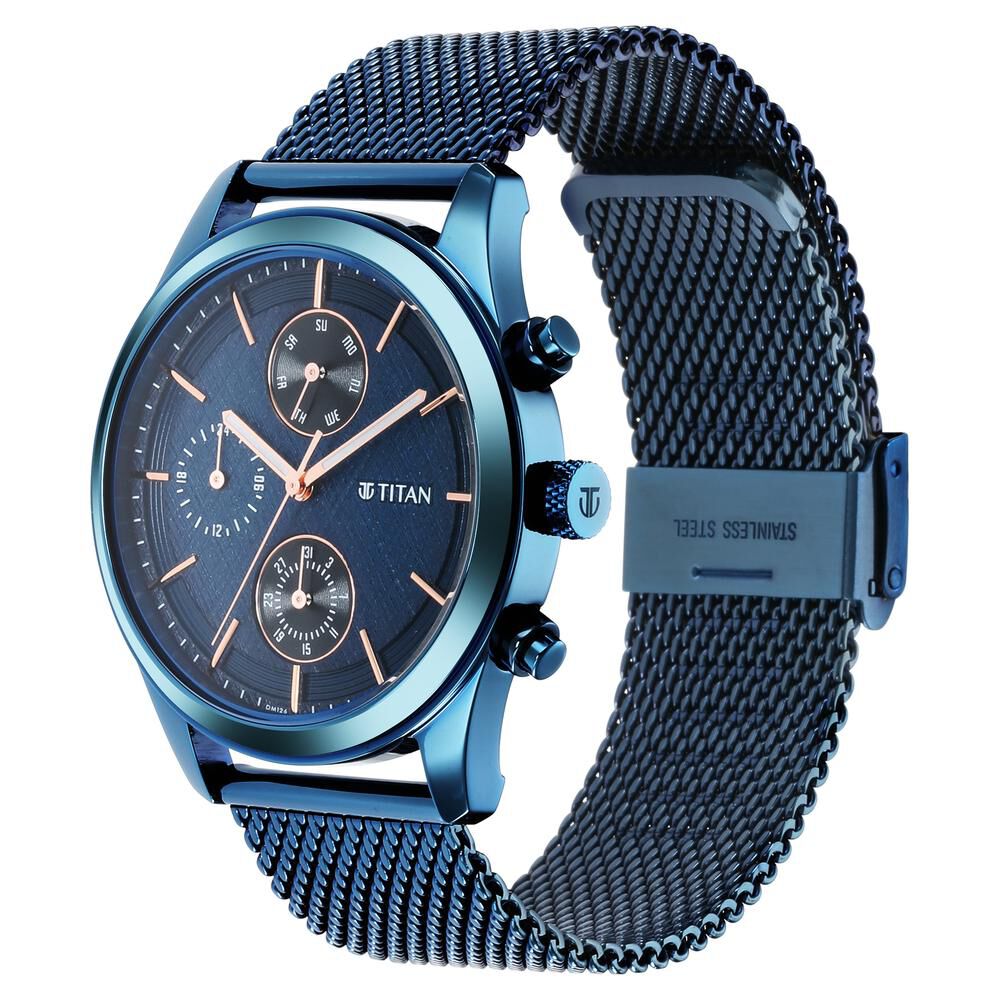 Titan Men s Sartorial Neo Splash Blue Dial Multifunction Watch with Mesh Strap
