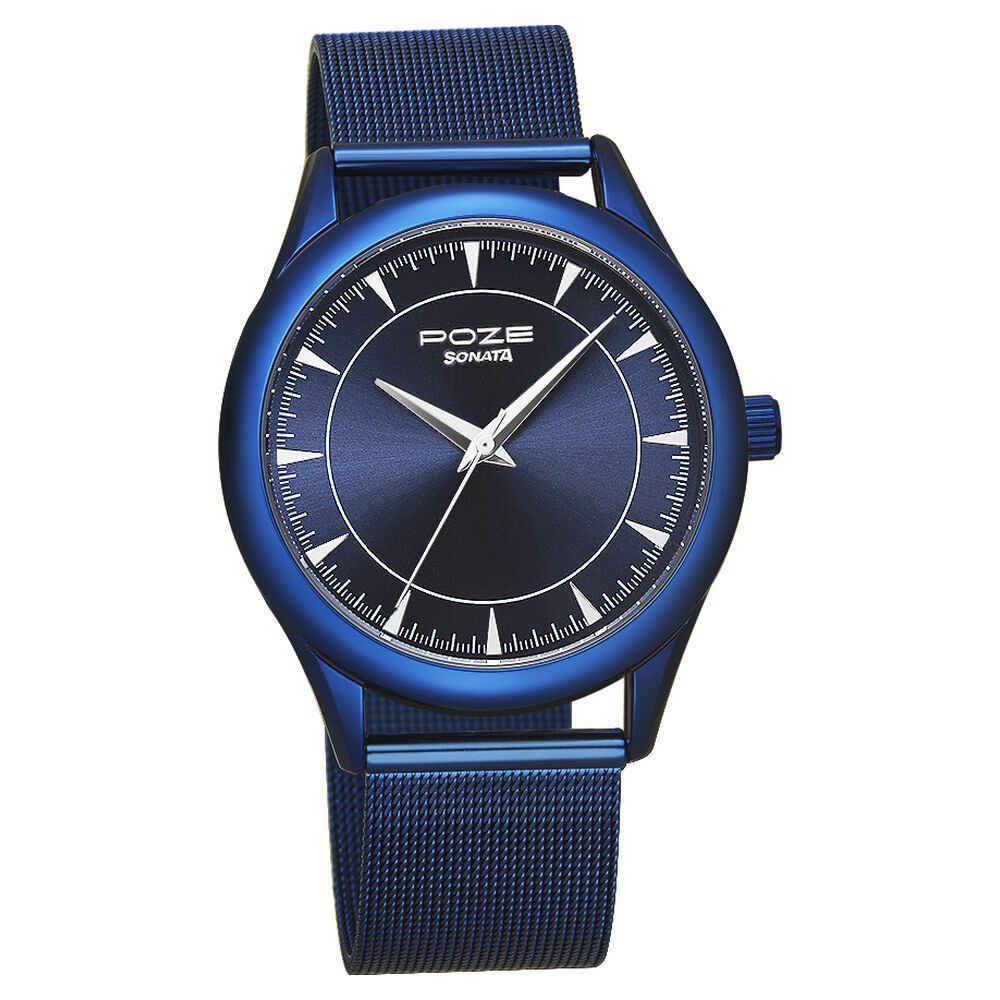 Buy Online Poze by Sonata Quartz Analog Blue Dial Stainless Steel Strap Watch for Men sp70020qm01w Titan