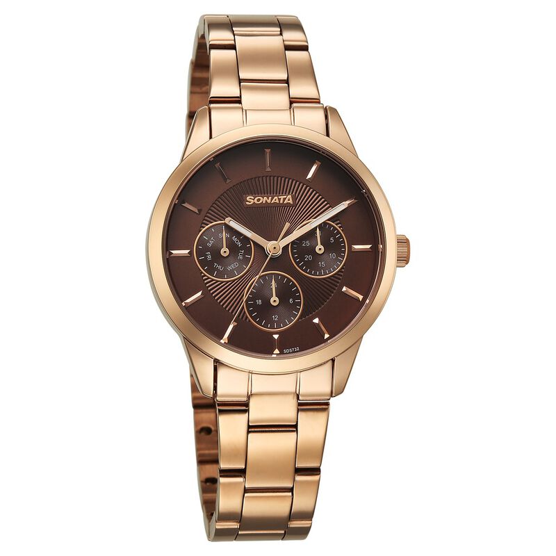 Sonata Festive Quartz Multifunction Brown Dial Metal Strap Watch For Women