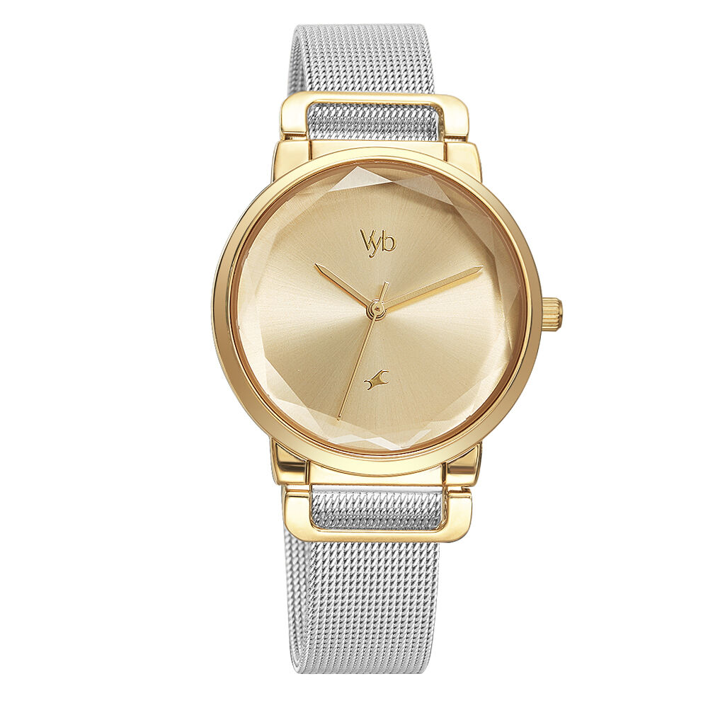 Vyb by Fastrack Quartz Analog Golden Dial Stainless Steel Strap Watch for Girls