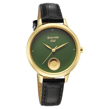 Sonata Gold Quartz Analog Sacred Forest Green With Gold Coin Dial Black Leather Strap Watch For Women