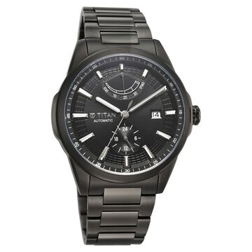 Titan Aion Concealed Automatic Analog with Power Reserve Indicator Black Dial Black Stainless Steel Strap Watch for Men