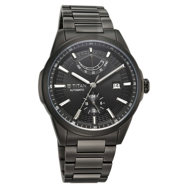 Titan Aion Concealed Automatic Analog with Power Reserve Indicator Black Dial Black Stainless Steel Strap Watch for Men - image number 1
