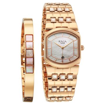Titan Raga Power Pearls 2.0 Quartz Analog Mother Of Pearl Dial Rose Gold Metal Strap Watch For Women