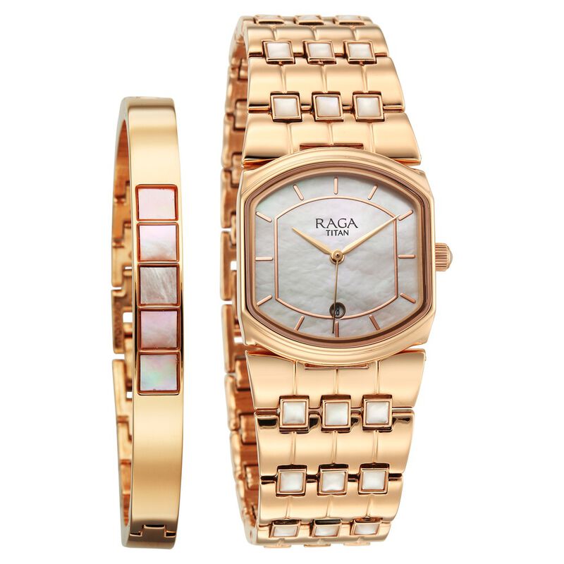 Titan Raga Power Pearls 2.0 Quartz Analog Mother Of Pearl Dial Rose Gold Metal Strap Watch For Women