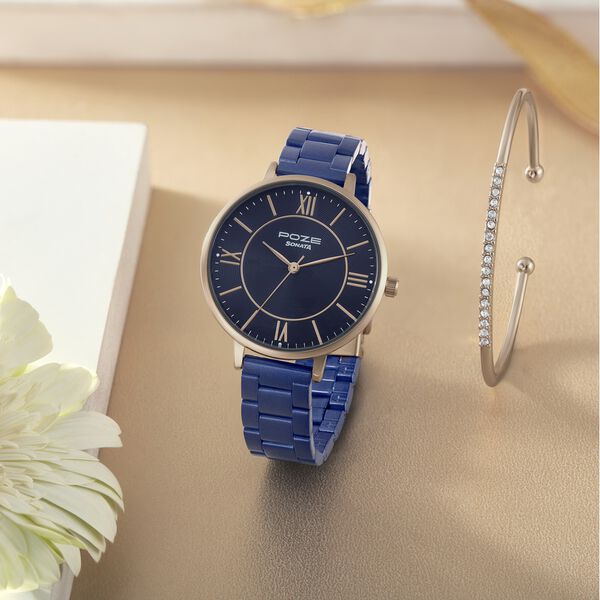 Sonata Poze Quartz Analog Blue Dial Stainless Steel Strap Watch For Women - image number 0
