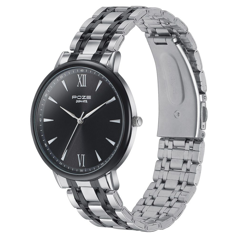 Buy Online Sonata Poze Quartz Analog Black Dial Silver Metal Strap