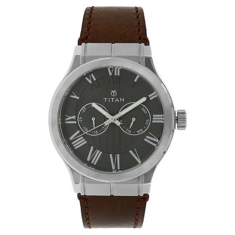 Titan Quartz Analog with Day and Date Black Dial Leather Strap Watch for Men