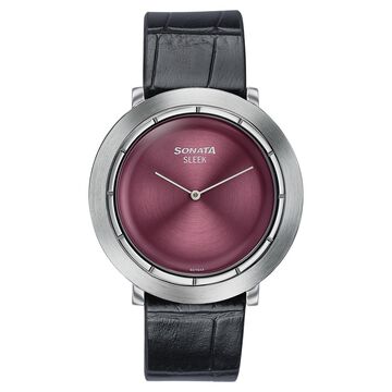 Sonata Sleek Burgundy Dial Silver-Tone Leather Strap Watch