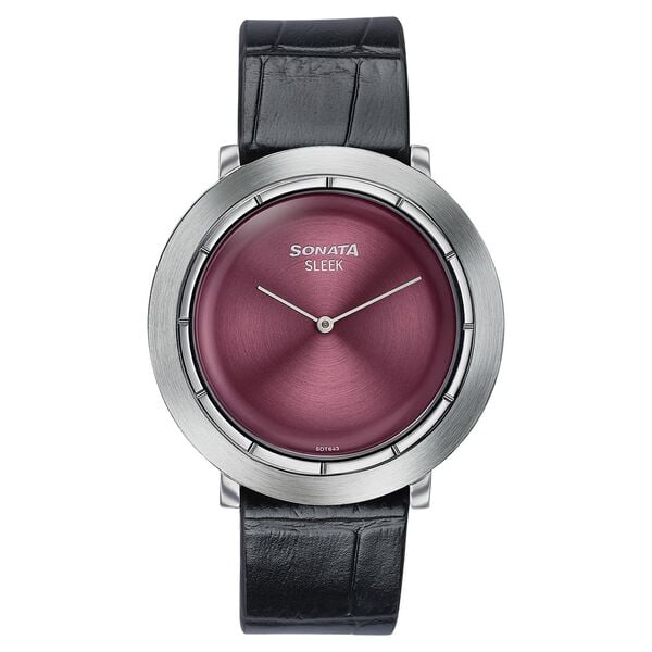 Sonata Sleek Burgundy Dial Silver-Tone Leather Strap Watch - image number 0