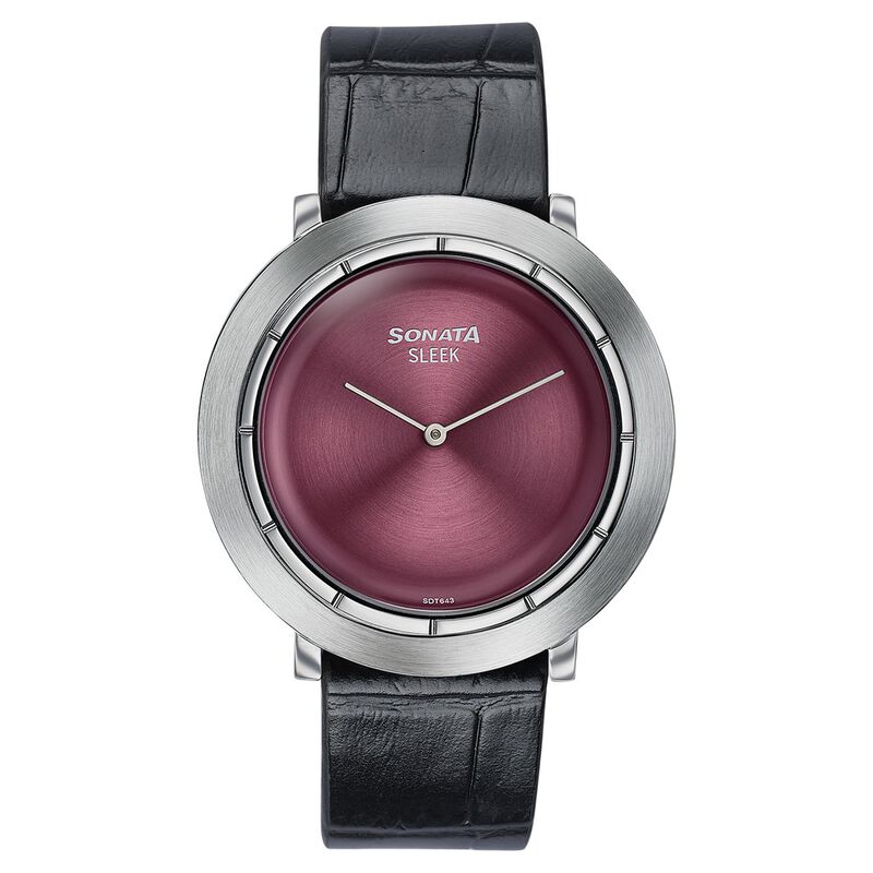 Sonata Sleek Burgundy Dial Silver-Tone Leather Strap Watch