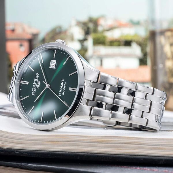 Roamer Slim Line Classic Quartz Analog with Date Green Dial Silver Stainless Steel Strap Watch For Men - image number 0