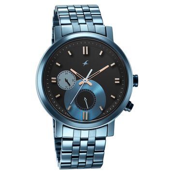 Fastrack Tick Tock Quartz Multifunction Black Dial Metal Strap Watch for Guys