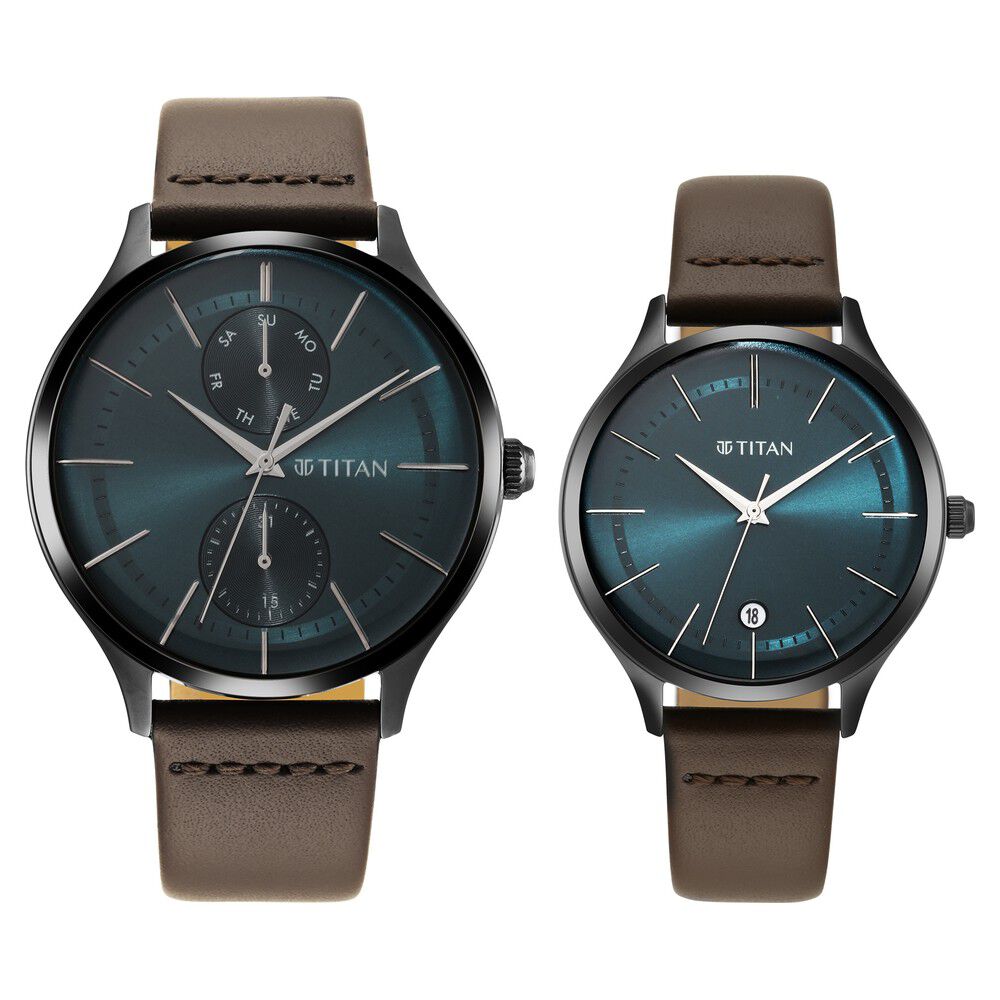 Titan Bandhan Green Dial Analog with Date Leather Strap watch for Couple