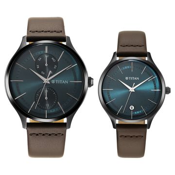 Titan Bandhan Green Dial Analog with Date Leather Strap watch for Couple