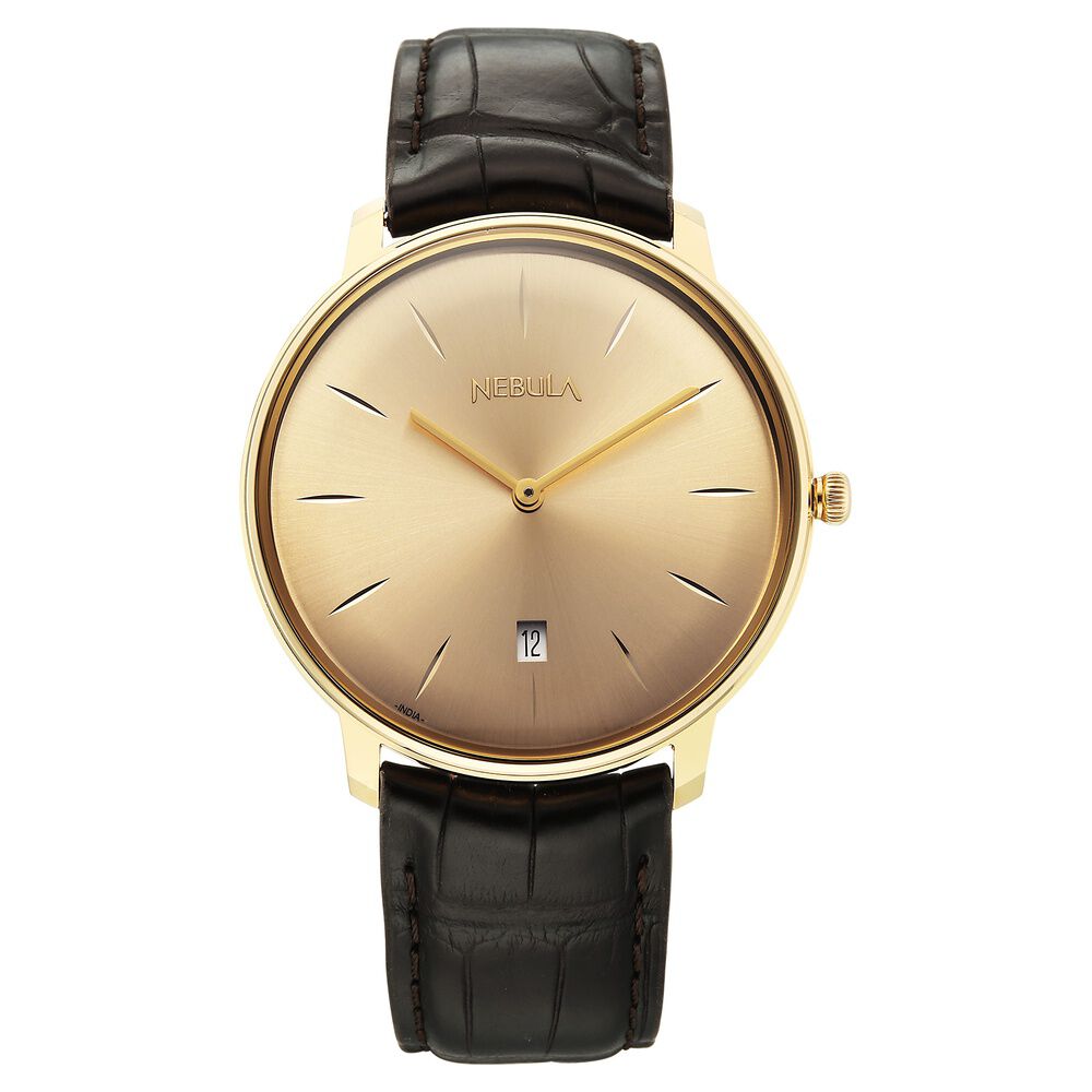 Titan Nebula Lustre 18 KT Gold Quartz Analog with Date18KT Gold Dial Leather Strap Watch For Men-image-10
