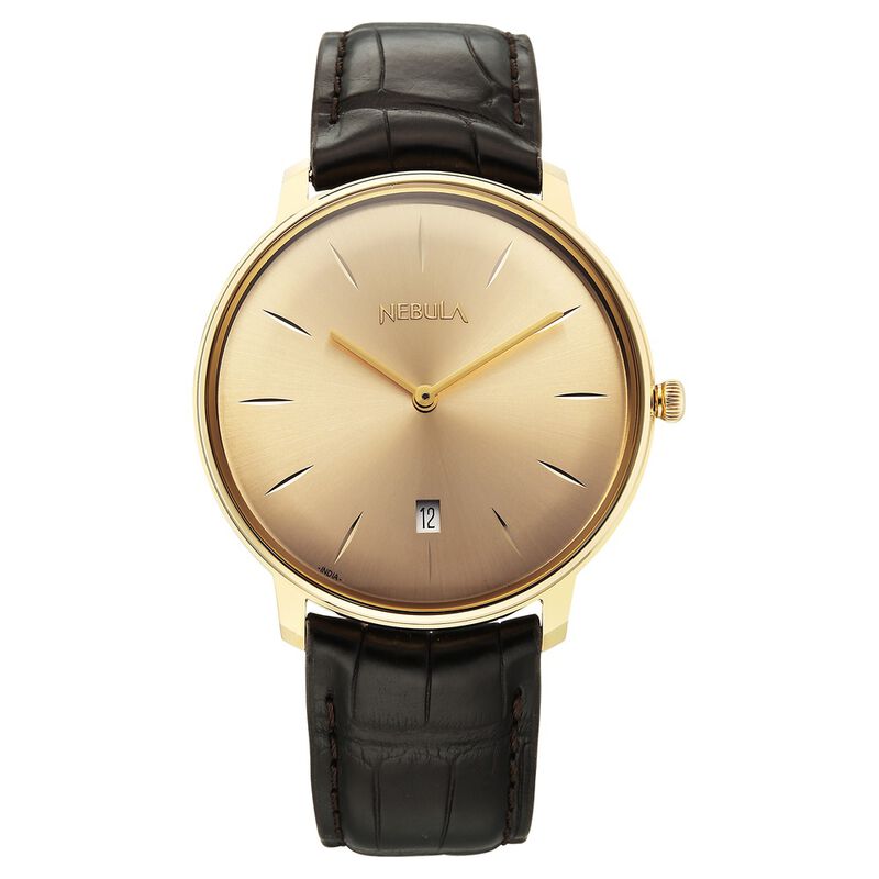 Titan Nebula Lustre 18 KT Gold Quartz Analog with Date18KT Gold Dial Leather Strap Watch For Men
