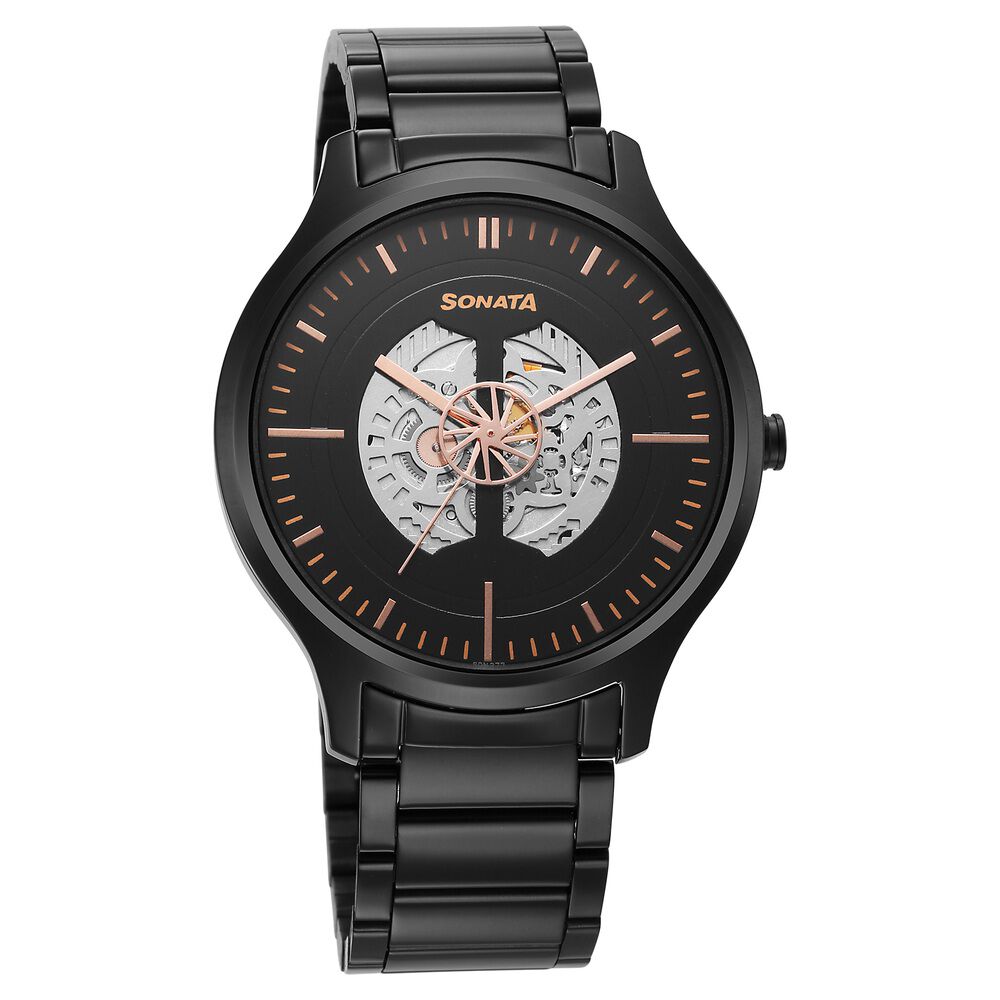 Buy Online Sonata Unveil Quartz Multifunction Black Dial Stainless Steel Strap Watch for Men 7140nm03 Titan