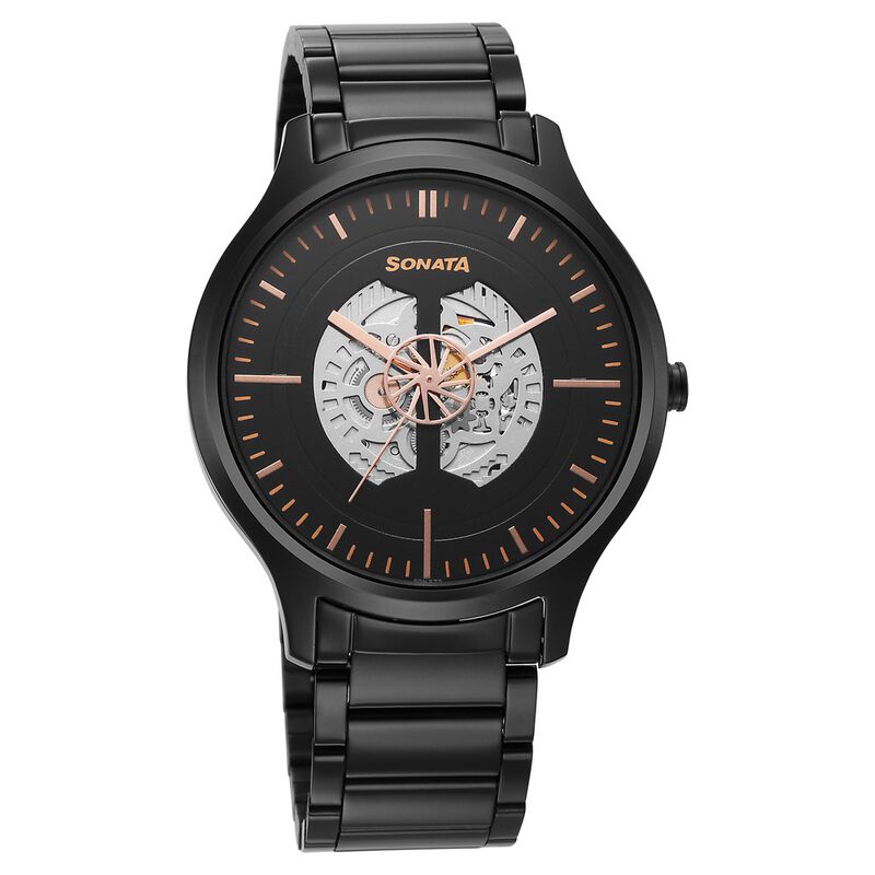 Sonata Unveil Quartz Multifunction Black Dial Stainless Steel Strap Watch for Men
