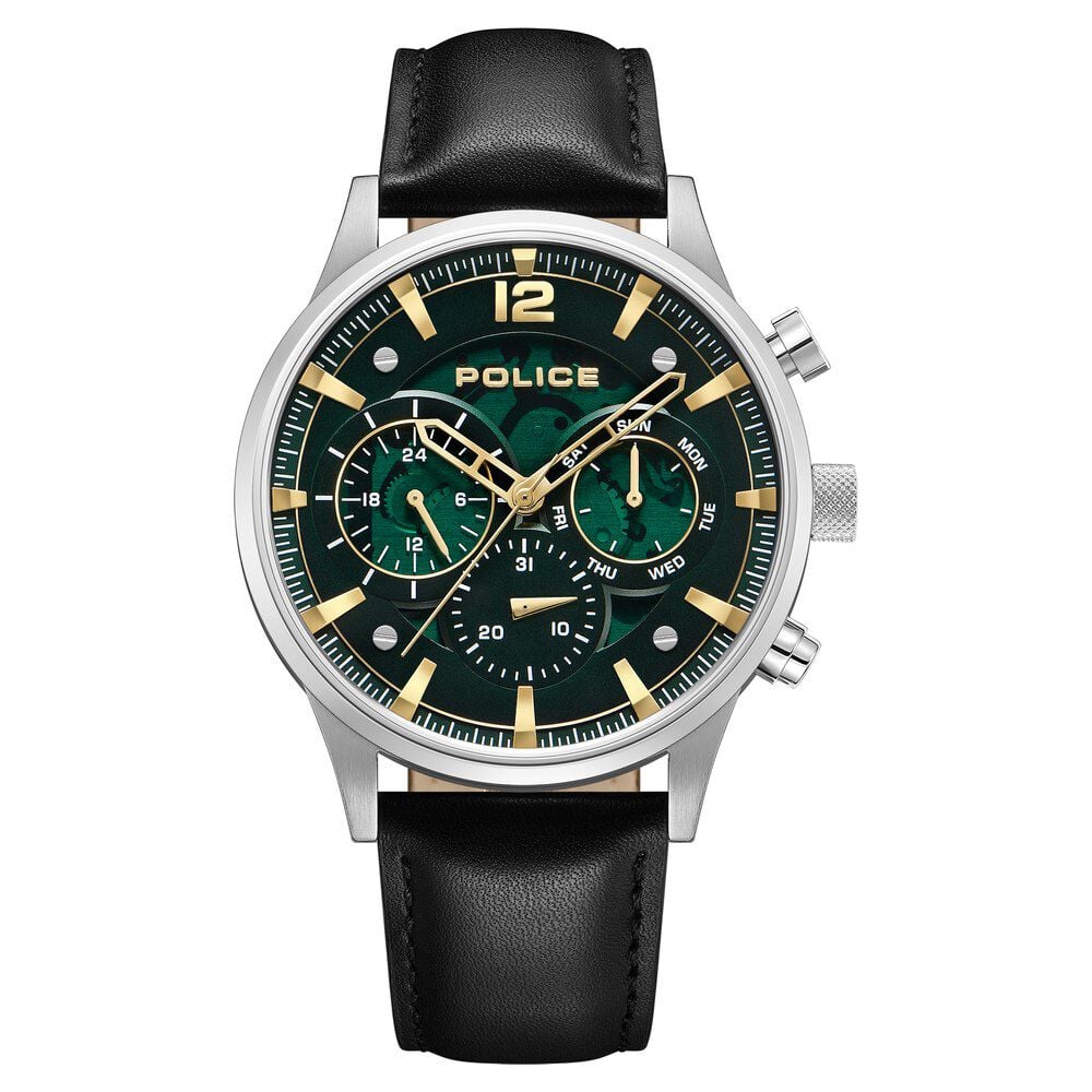 Police Quartz Multifunction Green Dial Black Leather Strap Watch For Men-image-12