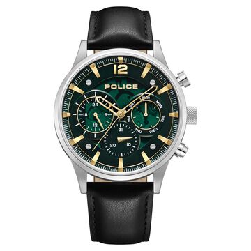 Police Quartz Multifunction Green Dial Black Leather Strap Watch For Men