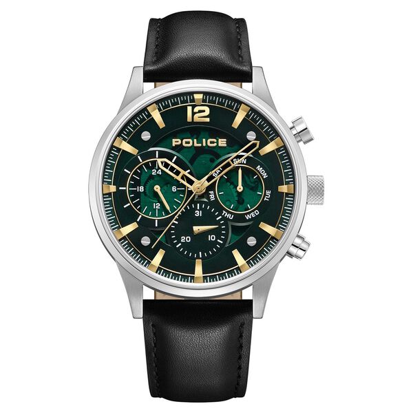 Police Quartz Multifunction Green Dial Black Leather Strap Watch For Men - image number 0