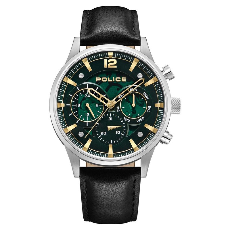 Police Quartz Multifunction Green Dial Black Leather Strap Watch For Men