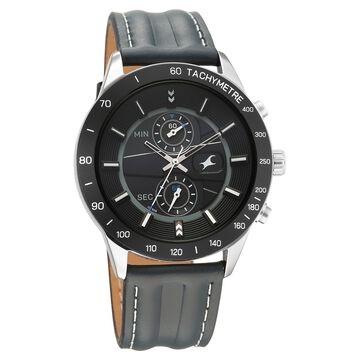 Fastrack Fastrack Overdrive Quartz Chronograph Tachymeter Black Dial Blue Leather Strap Watch For Guys