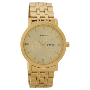 Sonata Quartz Analog with Day and Date Golden Dial Stainless Steel Strap Watch for Men